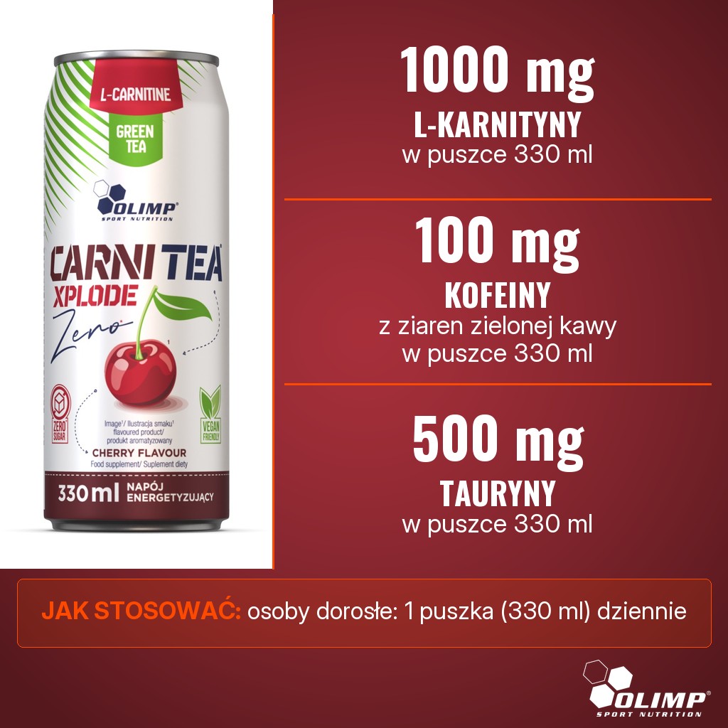 Olimp Carni Tea Xplode Zero: 1000 mg L-karnityny, 100 mg kofeiny i 500 mg tauryny w puszce 330 ml
