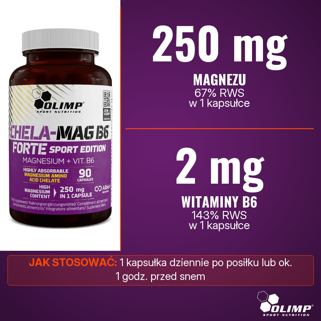 Olimp Chela-Mag B6 Forte Sport Edition: 250 mg magnezu z chelatu aminokwasowego Albion i 2 mg witaminy B6 w 1 kapsułce dziennie