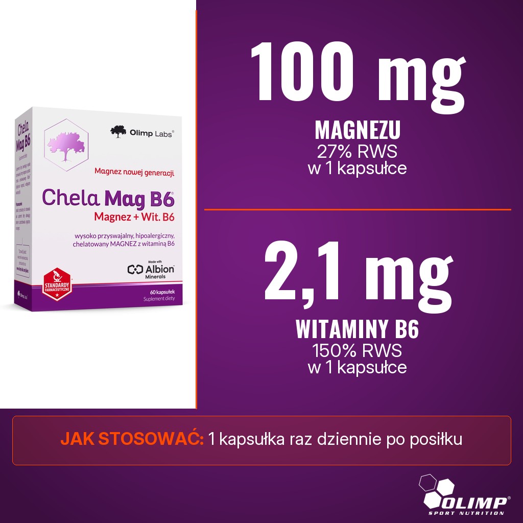 Olimp Chela-Mag B6: 100 mg magnezu i 2,1 mg witaminy B6 w 1 kapsułce dziennie