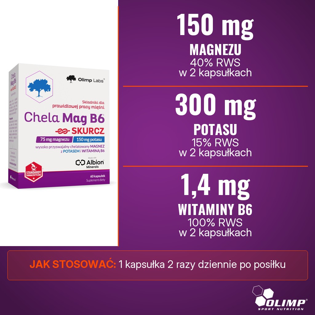 Olimp Chela-Mag B6 Skurcz: 150 mg magnezu, 300 mg potasu i 1,4 mg witaminy B6 w 2 kapsułkach dziennie