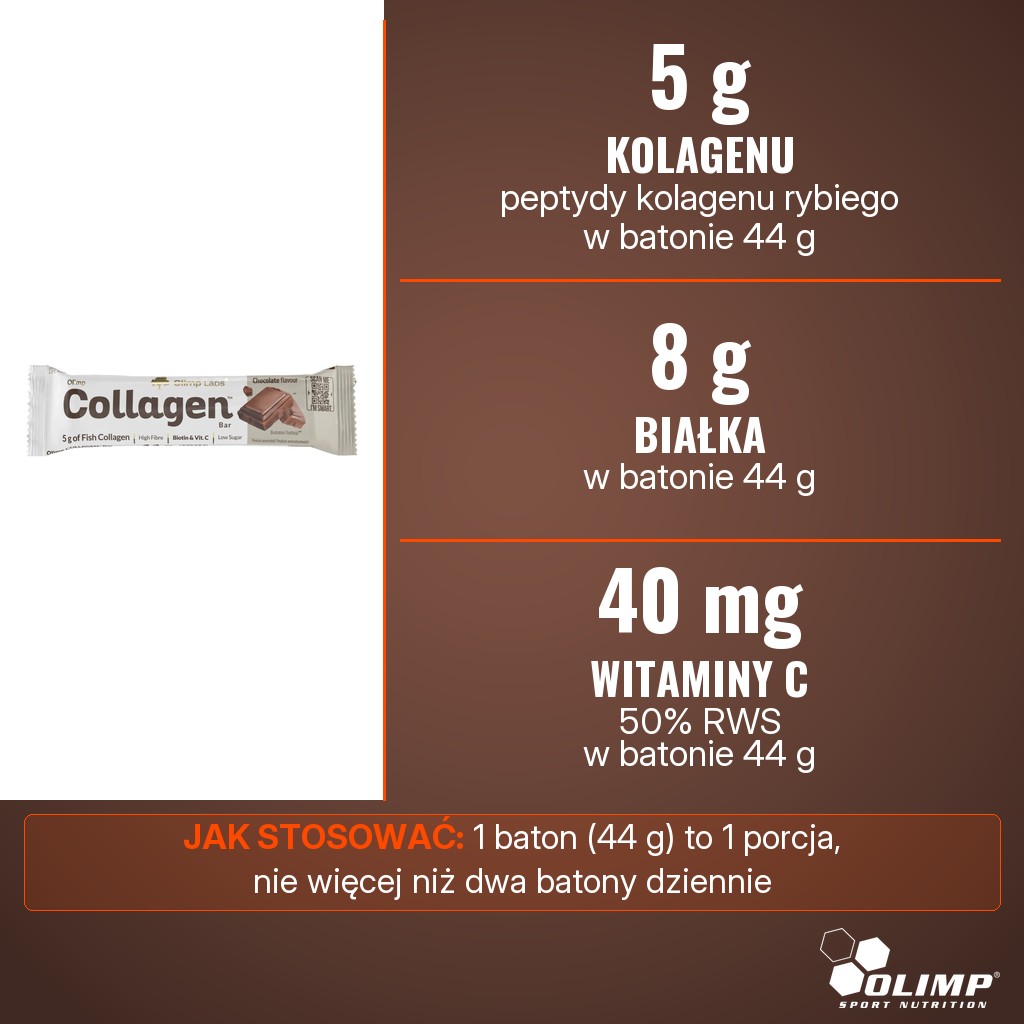 Olimp Collagen Bar czekoladowy: 5 g kolagenu, 8 g białka i 40 mg witaminy C (50% RWS) w batonie 44 g