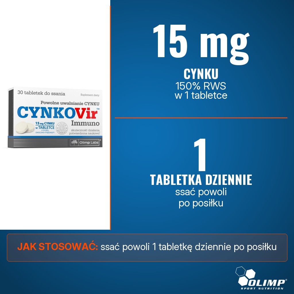 Olimp CynkoVir Immuno: 15 mg cynku (150% RWS) w 1 tabletce do ssania dziennie, z glukonianu i diglicynianu cynku Albion