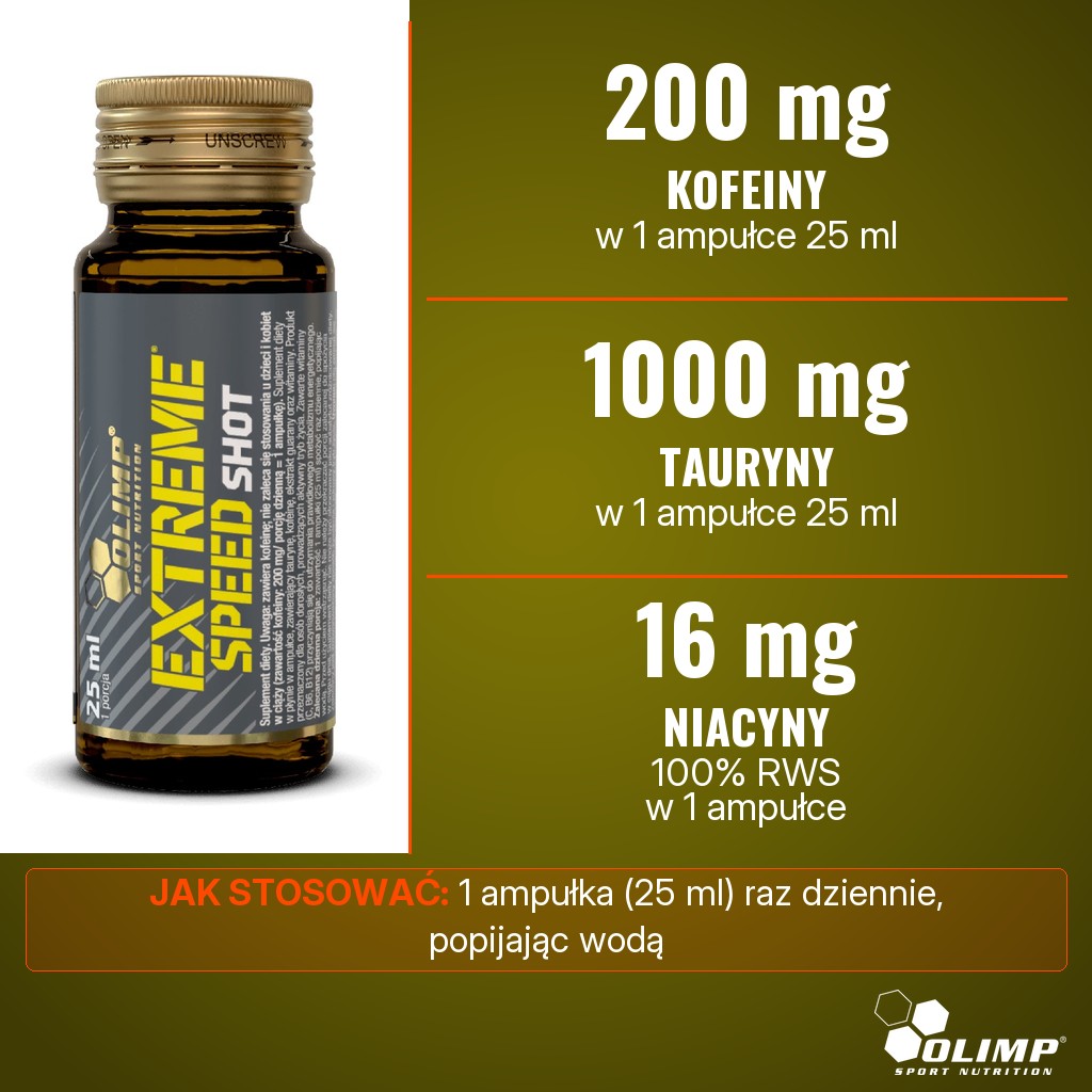 Olimp Extreme Speed Shot: 200 mg kofeiny, 1000 mg tauryny i 16 mg niacyny w 1 ampułce 25 ml