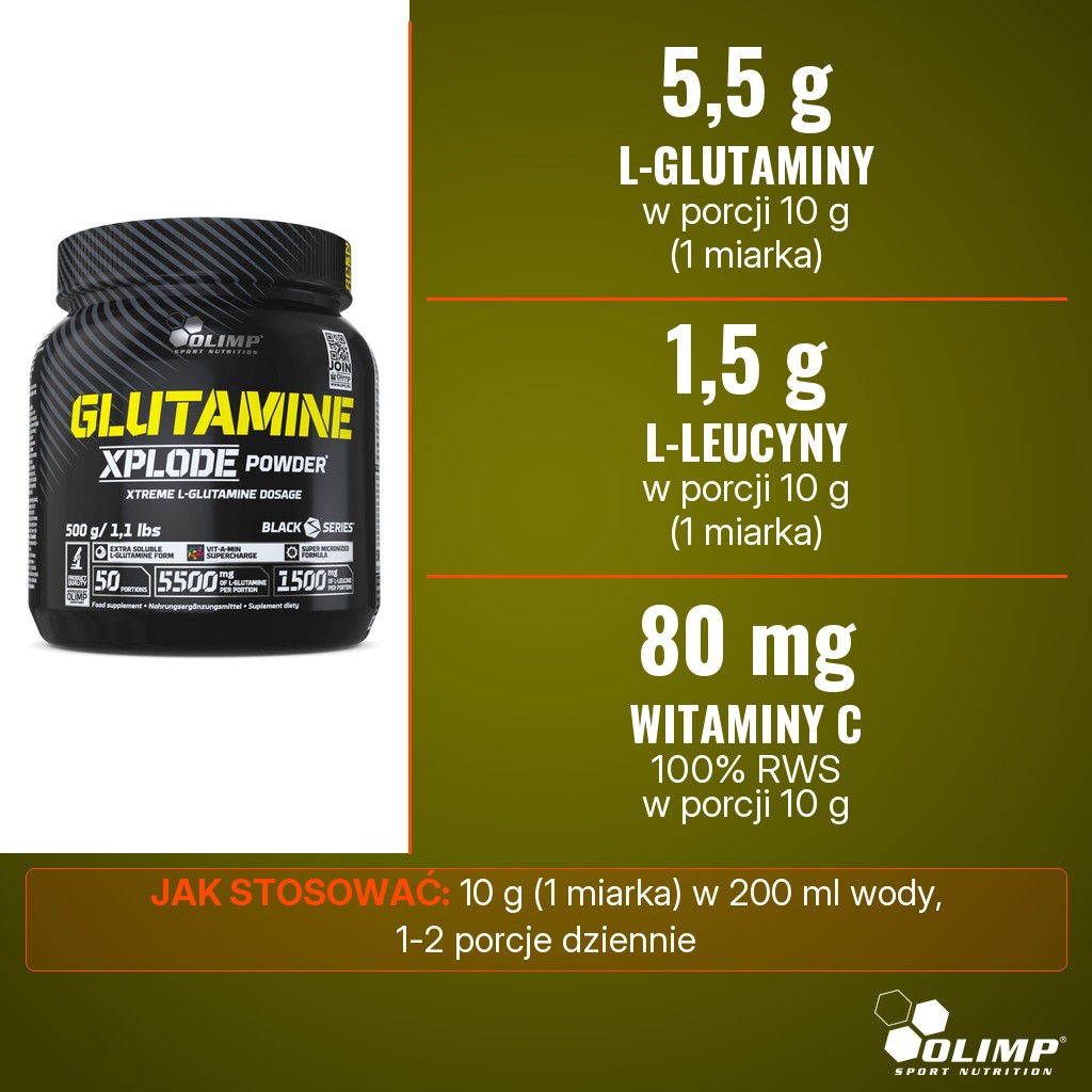 Olimp Glutamine Xplode: 5,5 g L-glutaminy, 1,5 g L-leucyny i 80 mg witaminy C w porcji 10 g