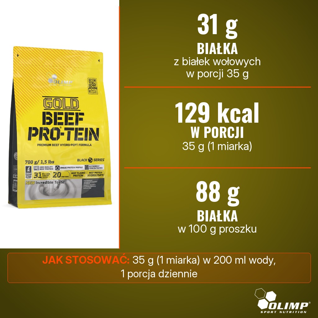 Olimp Gold Beef Pro-Tein: 31 g białka wołowego i 129 kcal w porcji 35 g, 88 g białka w 100 g proszku