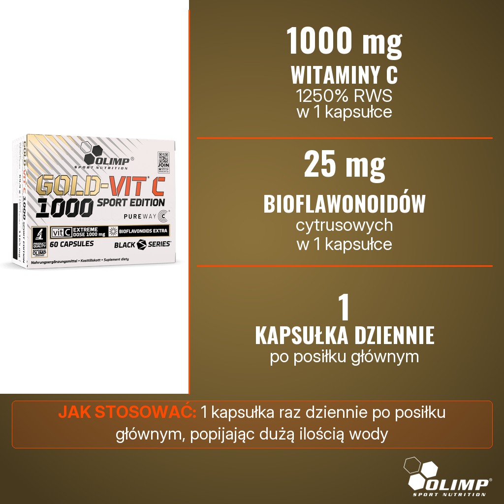 Olimp Gold Vit C 1000 (PureWay C) Sport Edition: 1000 mg witaminy C (PureWay-C) i 25 mg bioflawonoidów cytrusowych w 1 kapsułce