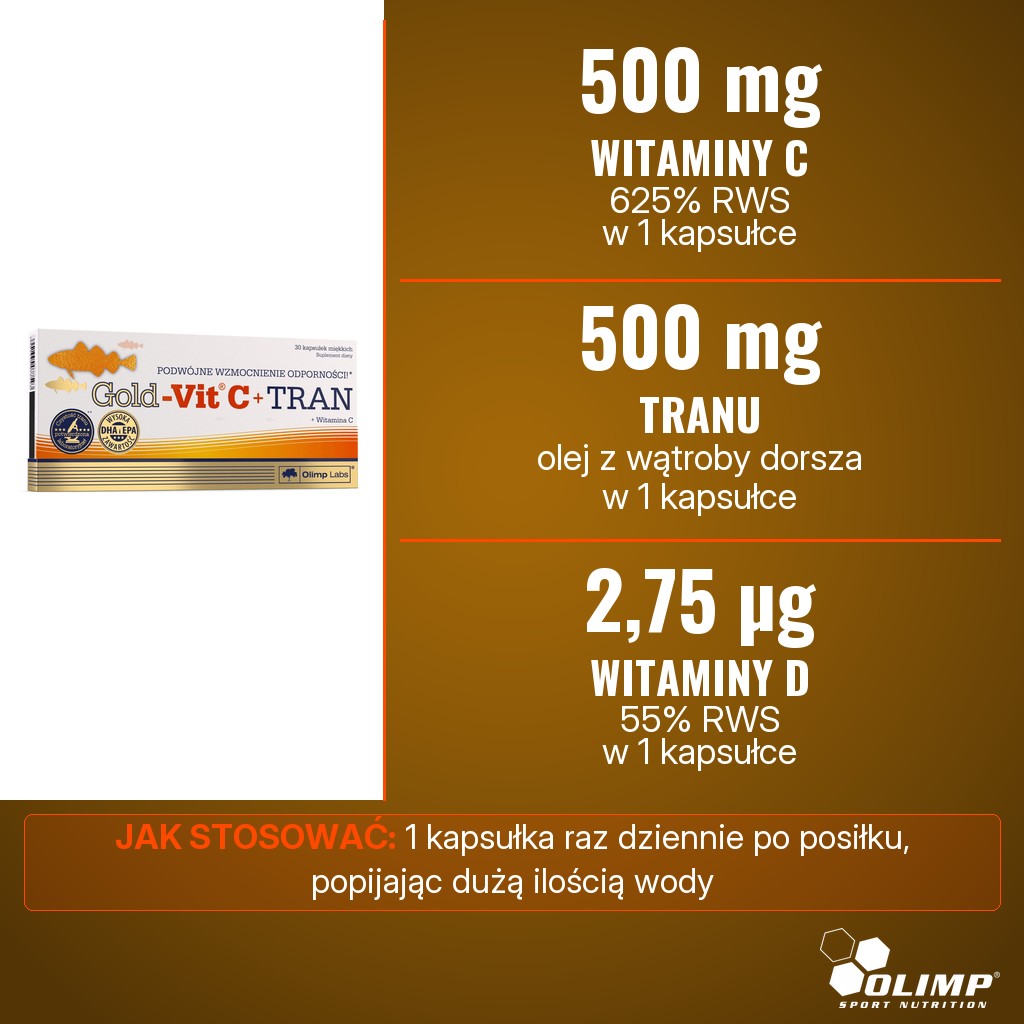 Olimp Gold-Vit C + Tran: 500 mg witaminy C, 500 mg tranu i 2,75 µg witaminy D w 1 kapsułce
