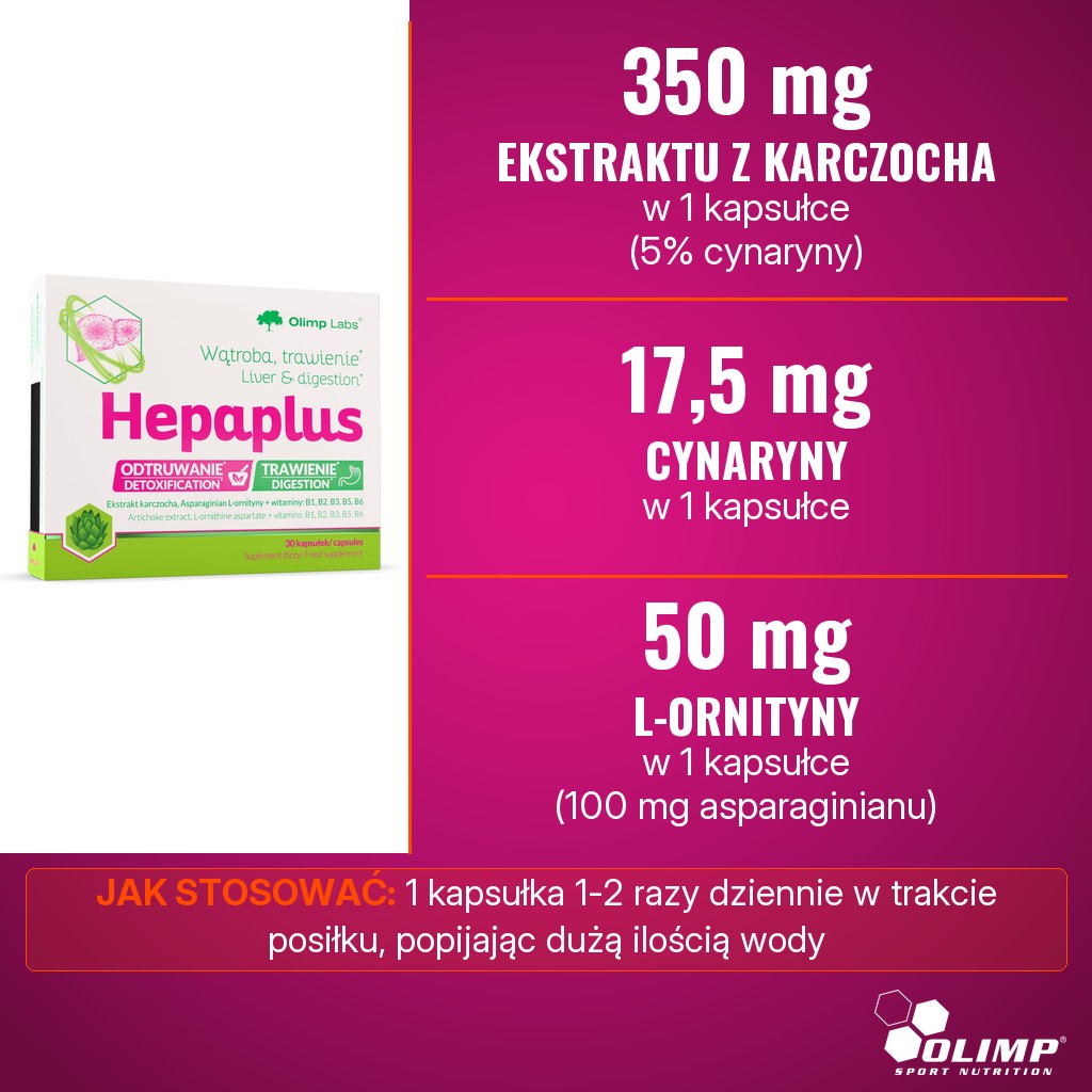Olimp Hepa Plus: 350 mg ekstraktu z karczocha (17,5 mg cynaryny) i 100 mg asparaginianu L-ornityny w 1 kapsułce