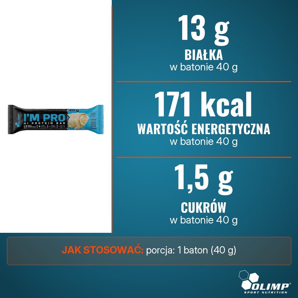 Olimp I'M PRO Protein Bar Yummy Cookie: 13 g białka, 171 kcal i 1,5 g cukrów w batonie 40 g