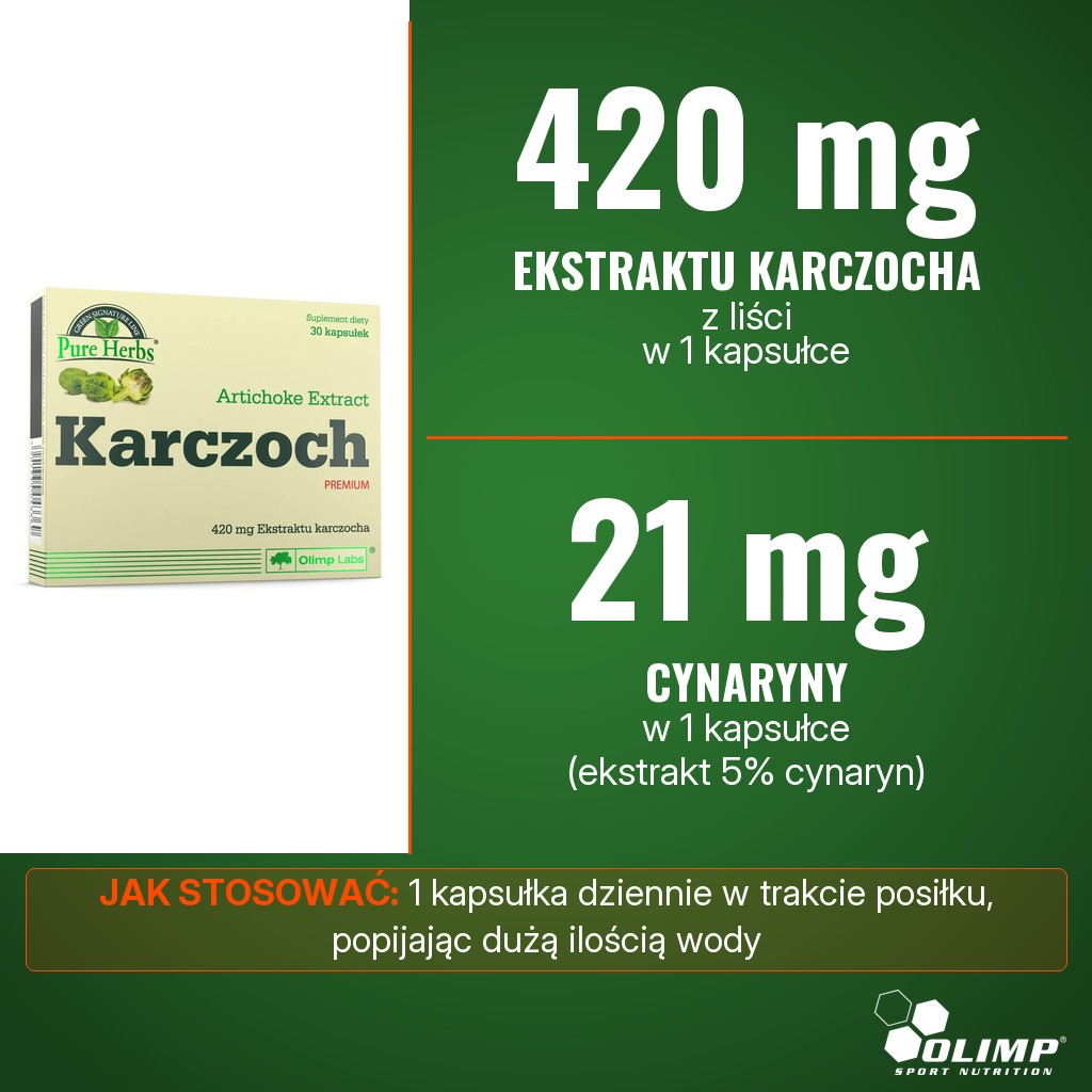 Olimp Karczoch Premium: 420 mg ekstraktu z liści karczocha standaryzowanego na 5% cynaryn, w tym 21 mg cynaryny, w 1 kapsułce