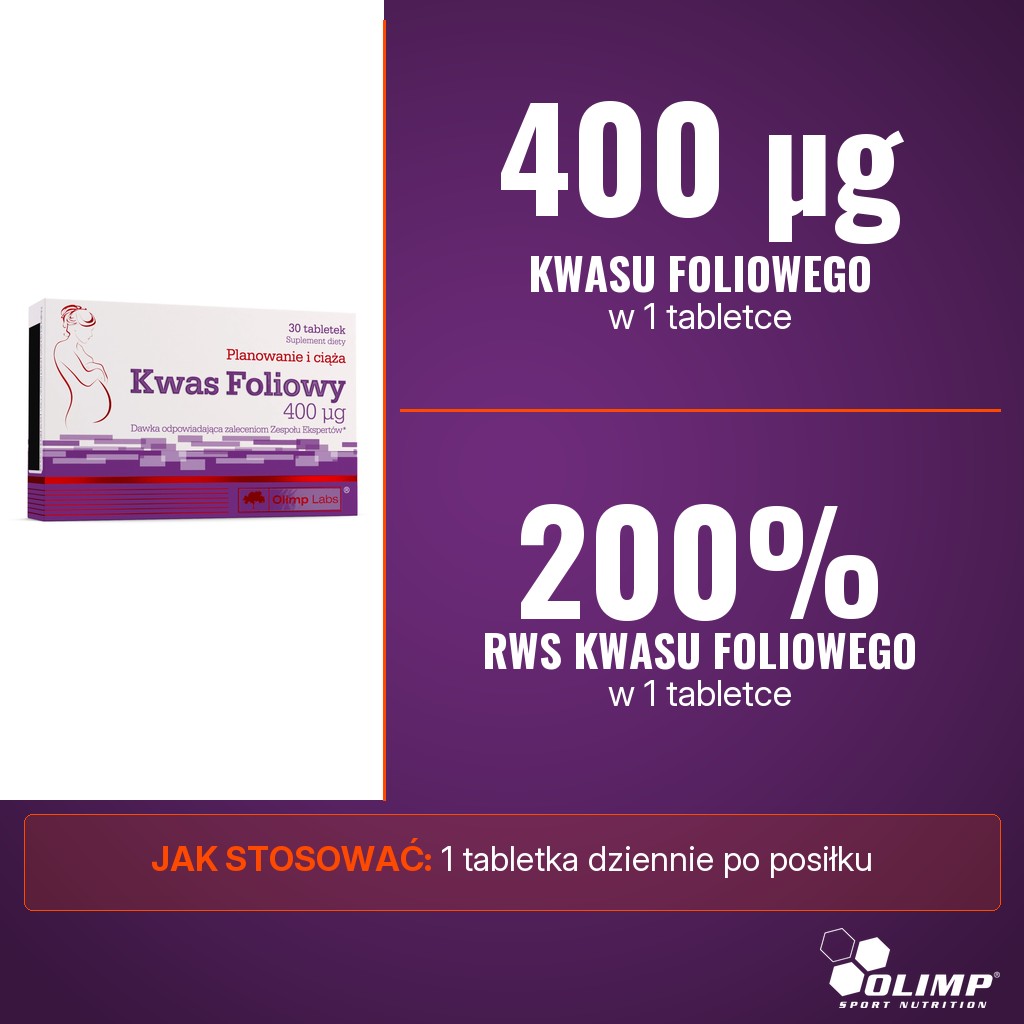 Olimp Kwas foliowy 400mcg: 400 µg kwasu foliowego (200% RWS) w 1 tabletce