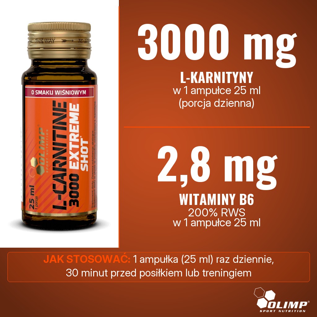 Olimp L-carnitine 3000 Shot: 3000 mg L-karnityny i 2,8 mg witaminy B6 (200% RWS) w 1 ampułce 25 ml dziennie