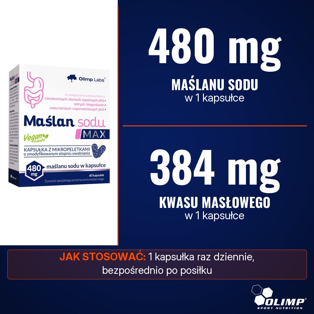 Olimp Maślan Sodu MAX: 480 mg maślanu sodu, w tym 384 mg kwasu masłowego, w 1 kapsułce