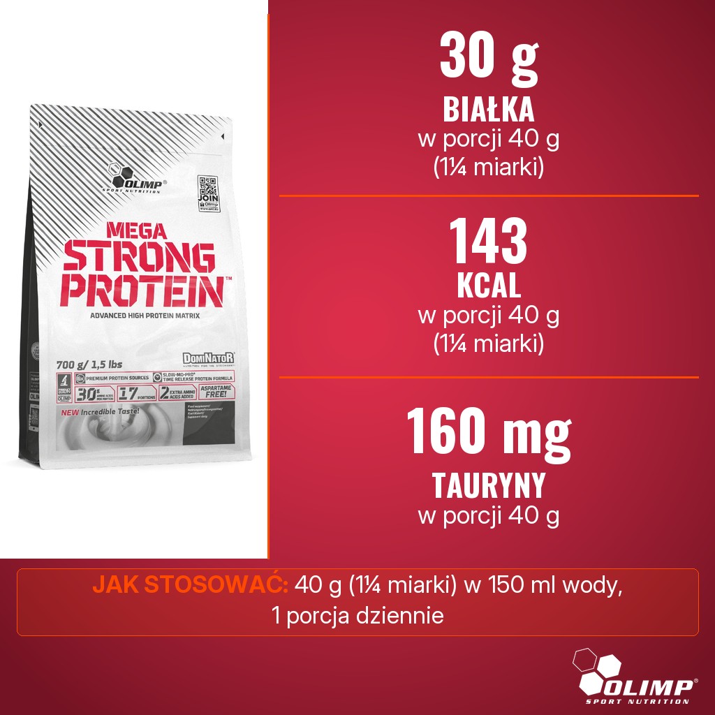 Olimp Mega Strong Protein: 30 g białka i 143 kcal w porcji 40 g (1¼ miarki)