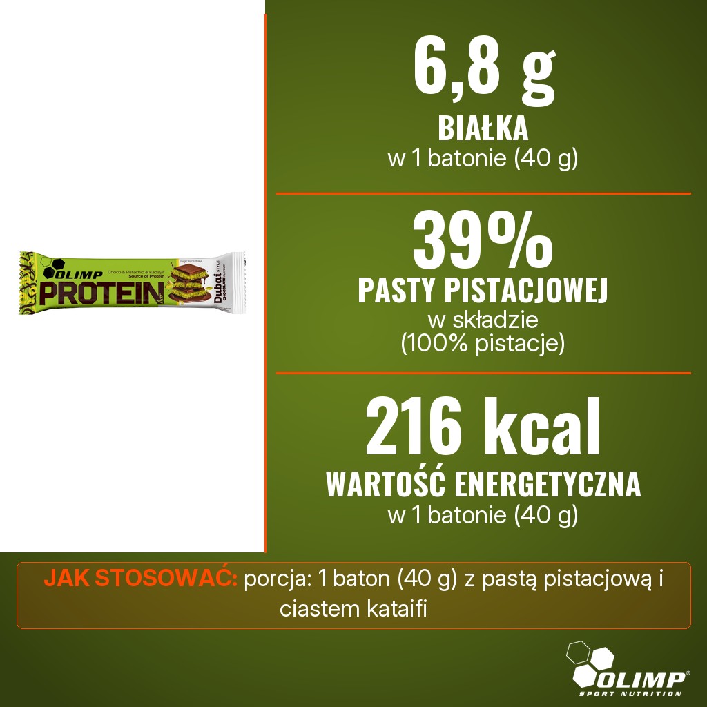 Olimp Protein Bar Dubai Style Chocolate Flavour: 6,8 g białka i 216 kcal w batonie 40 g, 39% pasty pistacjowej w składzie
