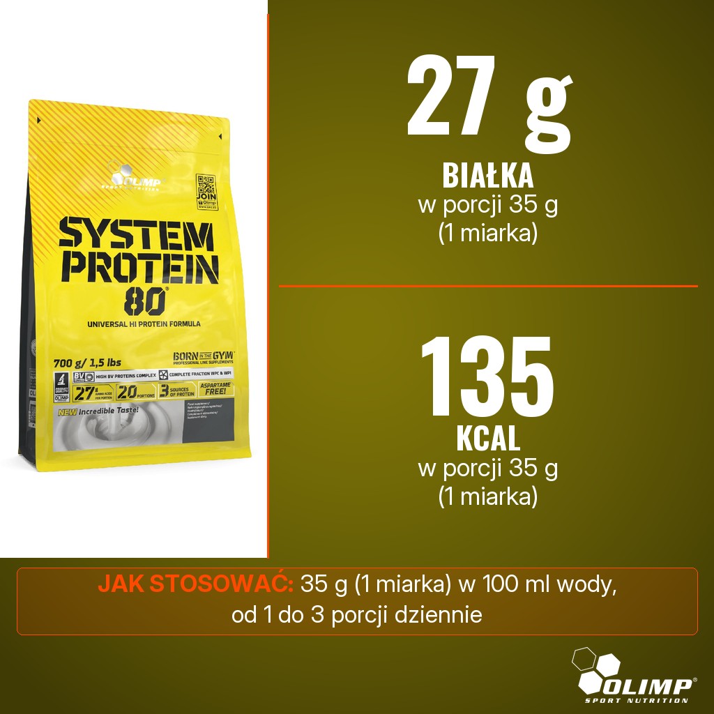 Olimp System Protein 80: 27 g białka i 135 kcal w porcji 35 g (1 miarka)