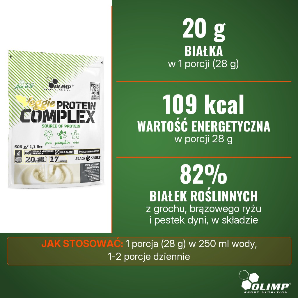 Olimp Veggie Protein Complex: 20 g białka i 109 kcal w porcji 28 g, 82% białek z grochu, brązowego ryżu i pestek dyni w składzie