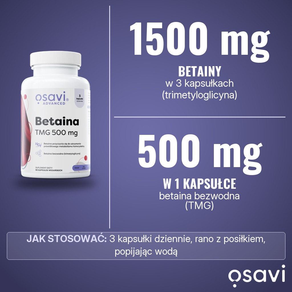 Osavi Betaina TMG 500 mg: 1500 mg betainy (trimetyloglicyny) w porcji 3 kapsułek, 500 mg w 1 kapsułce