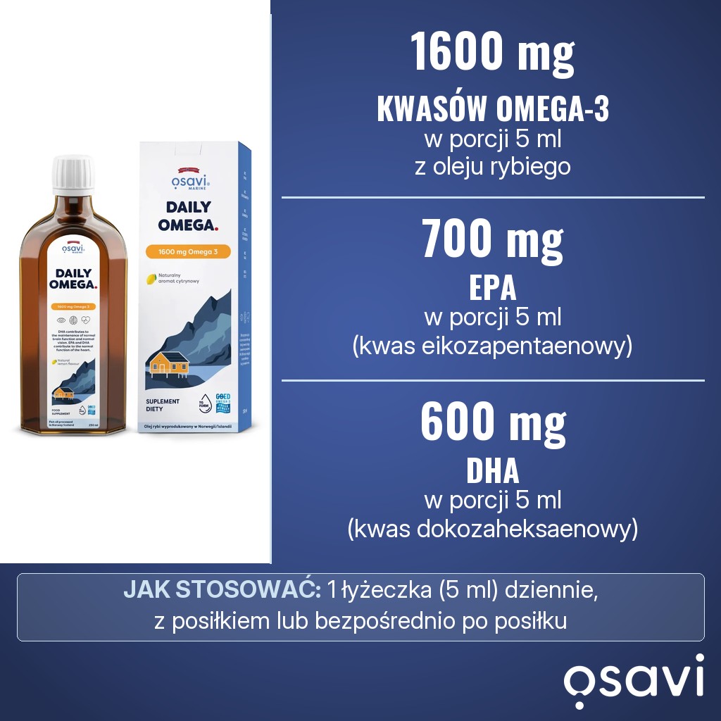 Osavi Daily Omega 1600 mg Omega 3: 1600 mg kwasów omega-3, w tym 700 mg EPA i 600 mg DHA, w porcji 5 ml dziennie