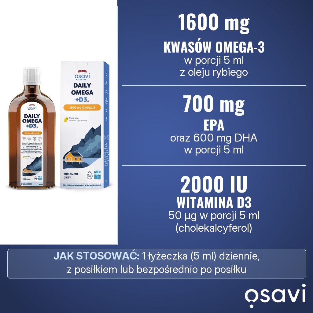 Osavi Daily Omega + D3 1600 mg Omega 3: 1600 mg kwasów omega-3, w tym 700 mg EPA i 600 mg DHA, oraz 2000 IU (50 µg) witaminy D3 w porcji 5 ml dziennie