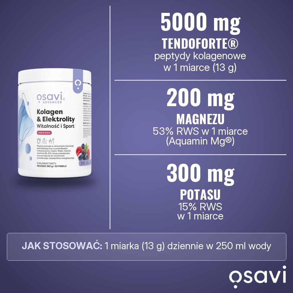 Osavi Kolagen & Elektrolity Witalność i Sport: 5000 mg peptydów kolagenowych TENDOFORTE®, 200 mg magnezu i 300 mg potasu w 1 miarce (13 g)