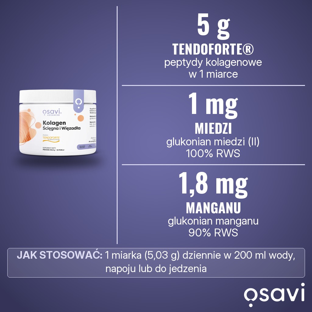 Osavi Kolagen Ścięgna i Więzadła w proszku: 5 g peptydów kolagenowych TENDOFORTE, 1 mg miedzi i 1,8 mg manganu w 1 miarce (5,03 g)