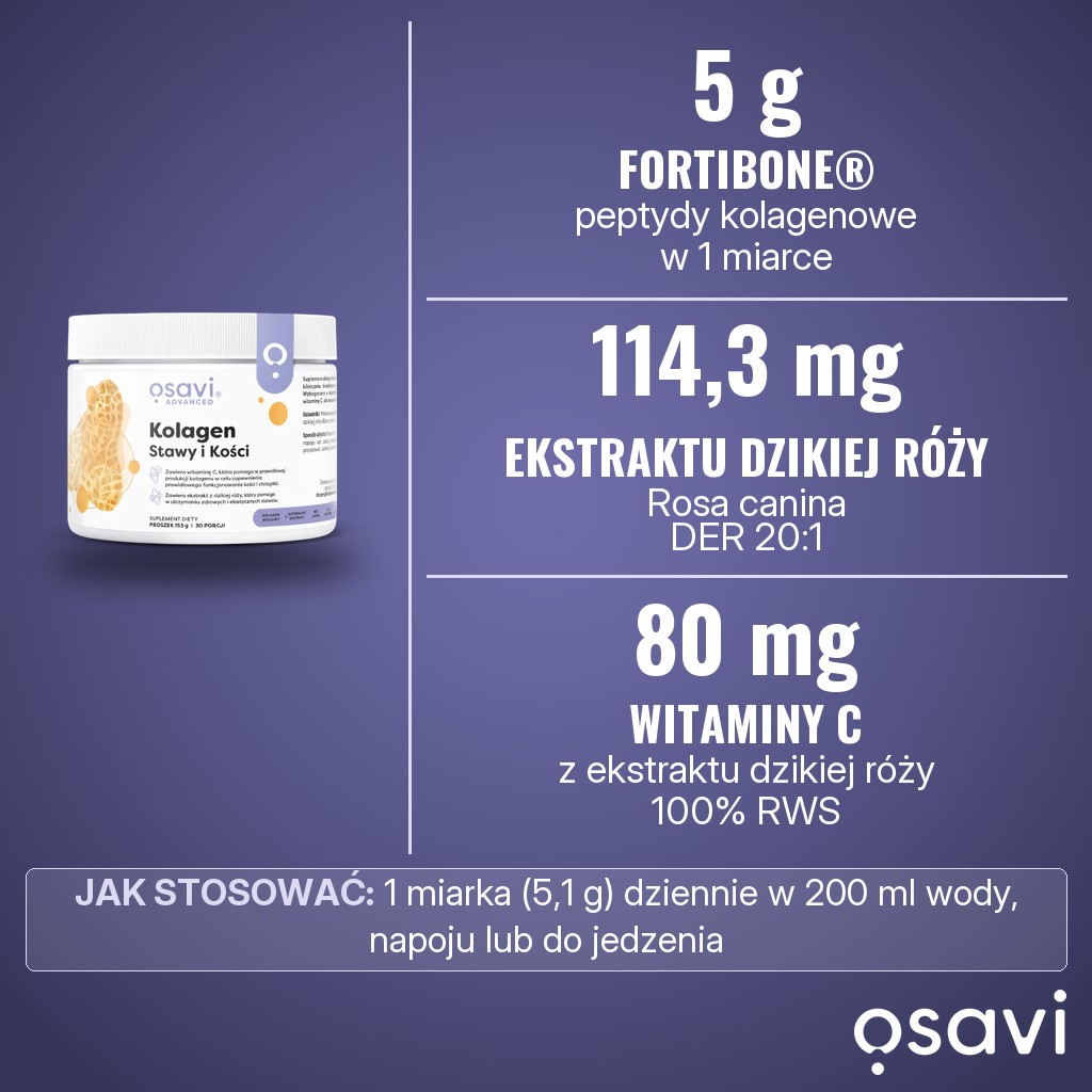 Osavi Kolagen Stawy i Kości w proszku: 5 g peptydów kolagenowych FORTIBONE, 114,3 mg ekstraktu z dzikiej róży i 80 mg witaminy C w 1 miarce (5,1 g)