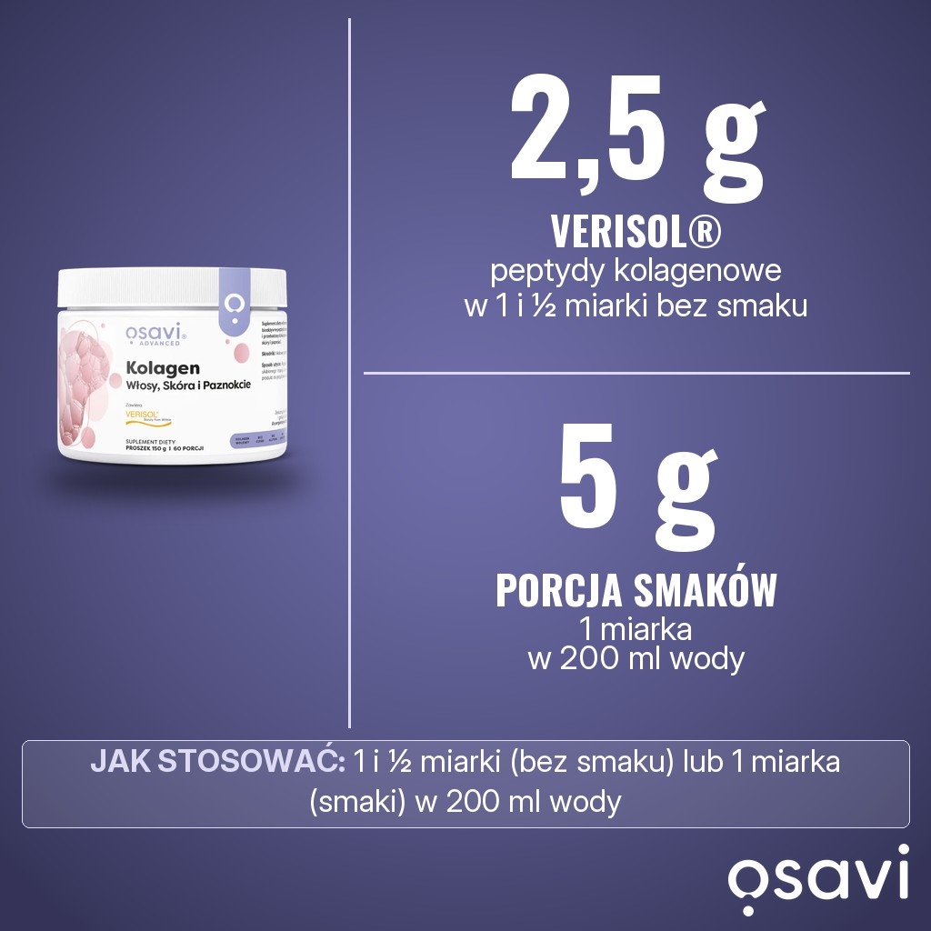 Osavi Kolagen Włosy, Skóra i Paznokcie: 2,5 g peptydów kolagenowych VERISOL® w 1 i ½ miarki wersji bez smaku; porcja wersji smakowych to 1 miarka (5 g) w 200 ml wody