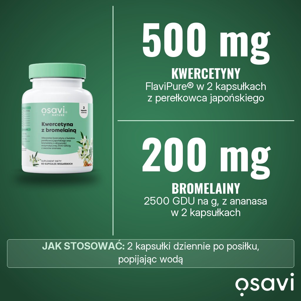Osavi Kwercetyna z bromelainą: 500 mg kwercetyny FlaviPure z kwiatów perełkowca japońskiego i 200 mg bromelainy 2500 GDU/g z ananasa w 2 kapsułkach dziennie