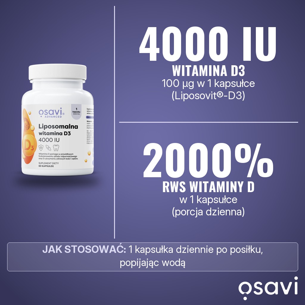 Osavi Liposomalna witamina D3 4000 IU: 4000 IU (100 µg) witaminy D3 z Liposovit®-D3 w 1 kapsułce dziennie