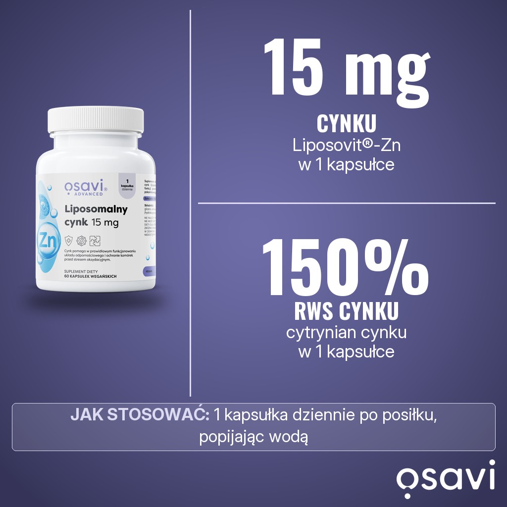 Osavi Liposomalny cynk 15 mg: 15 mg cynku z cytrynianu cynku w Liposovit-Zn w 1 kapsułce, 150% RWS