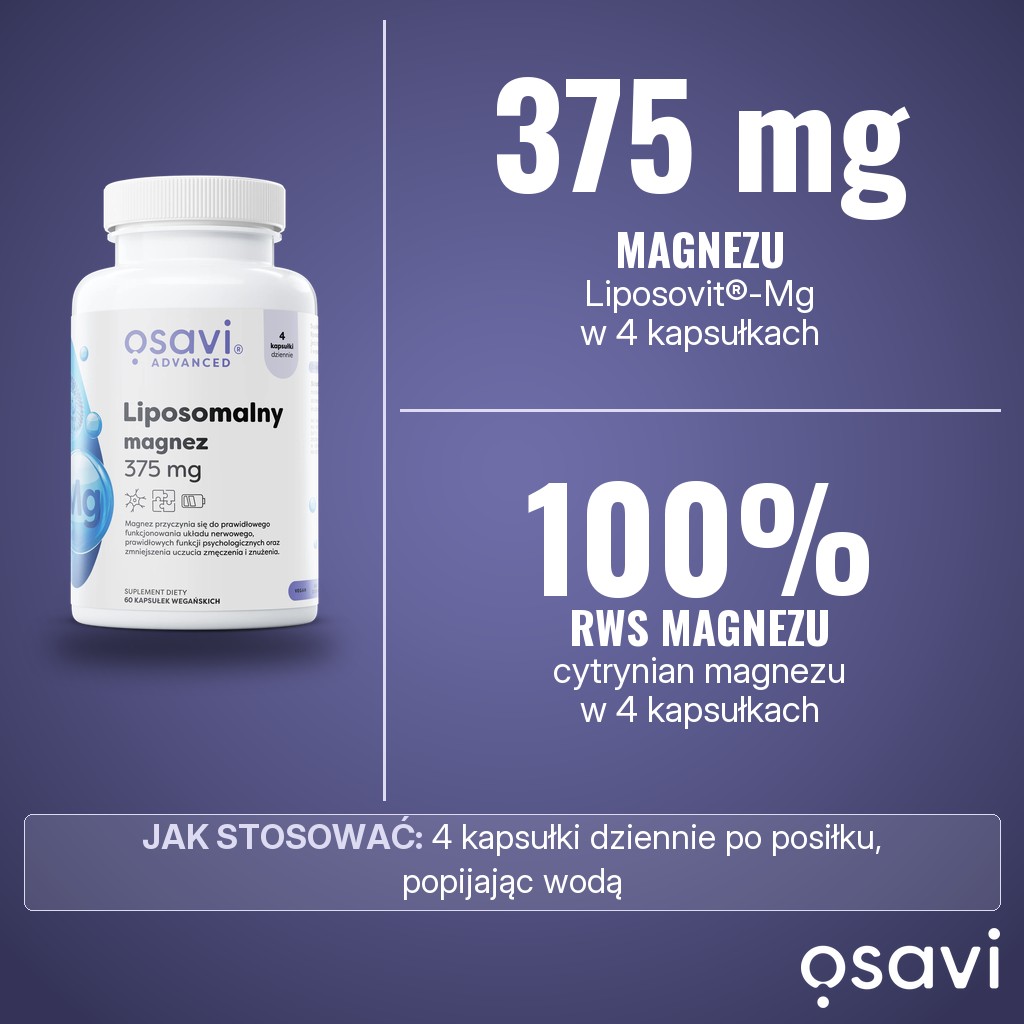 Osavi Liposomalny magnez 375 mg: 375 mg magnezu z cytrynianu magnezu w Liposovit-Mg w porcji 4 kapsułek, 100% RWS