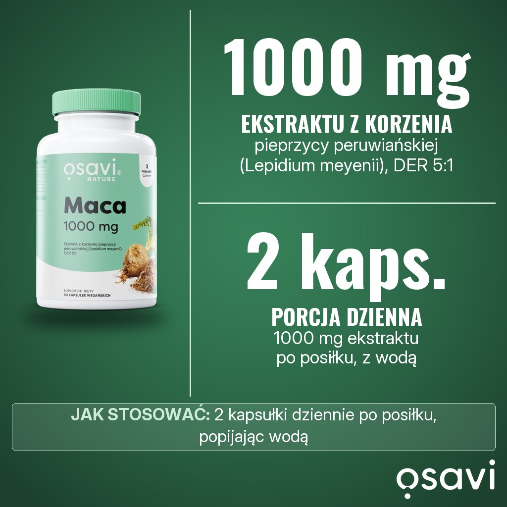 Osavi Maca 1000 mg: 1000 mg ekstraktu z korzenia pieprzycy peruwiańskiej (Lepidium meyenii), DER 5:1, w 2 kapsułkach dziennie