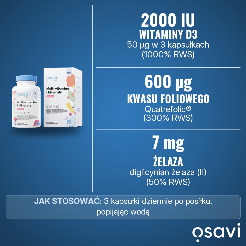 Osavi Multiwitamina i Minerały Kobieta: 2000 IU (50 µg) witaminy D3, 600 µg kwasu foliowego i 7 mg żelaza w 3 kapsułkach