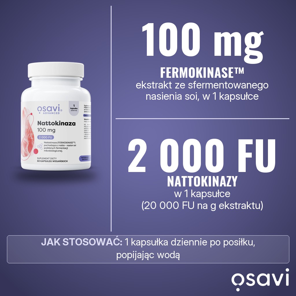 Osavi Nattokinaza 100 mg: 100 mg FERMOKINASE, ekstraktu ze sfermentowanego nasienia soi, w tym 2 000 FU nattokinazy w 1 kapsułce dziennie, zawiera soję