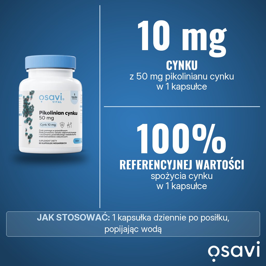 Osavi Pikolinian cynku 50 mg: 50 mg pikolinianu cynku, w tym 10 mg cynku (100% referencyjnej wartości spożycia), w 1 kapsułce dziennie