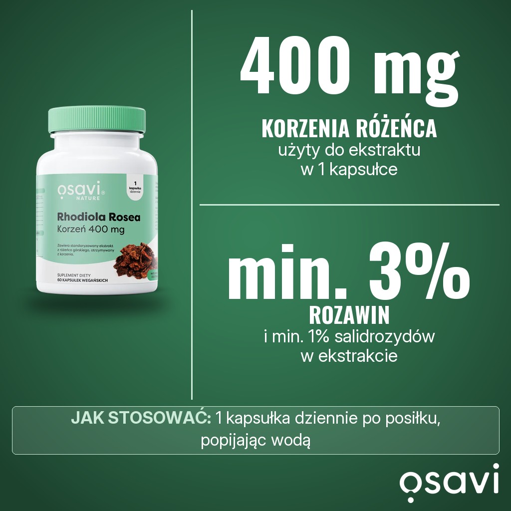 Osavi Rhodiola Rosea Korzeń 400 mg: 400 mg korzenia różeńca górskiego użytego do wytworzenia ekstraktu standaryzowanego na min. 3% rozawin i min. 1% salidrozydów, w 1 kapsułce dziennie