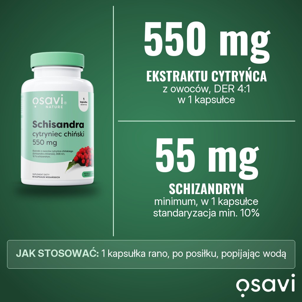 Osavi Schisandra 550 mg: 550 mg ekstraktu z owoców cytryńca chińskiego (Schisandra chinensis), DER 4:1, standaryzowanego na min. 10% schizandryn (min. 55 mg), w 1 kapsułce dziennie