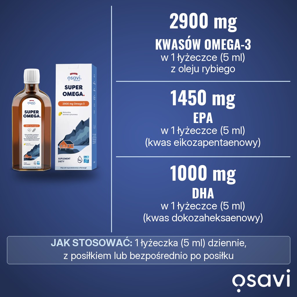 Osavi Super Omega 2900 mg Omega 3: 2900 mg kwasów omega-3, w tym 1450 mg EPA i 1000 mg DHA, w 1 łyżeczce (5 ml) oleju dziennie