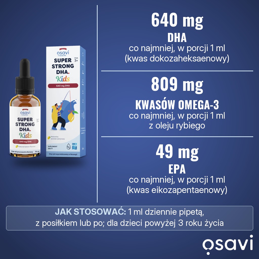 Osavi Super Strong DHA Kids 640 mg DHA: co najmniej 640 mg DHA, 809 mg kwasów omega-3 i 49 mg EPA w porcji 1 ml dziennie, dla dzieci powyżej 3 roku życia