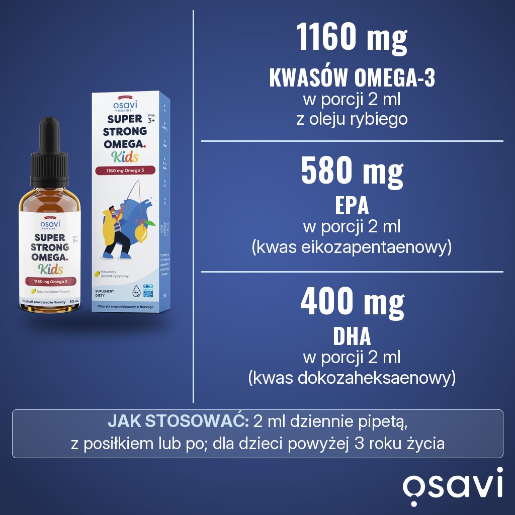 Osavi Super Strong Omega Kids 1160 mg Omega 3: 1160 mg kwasów omega-3, w tym 580 mg EPA i 400 mg DHA, w porcji 2 ml dziennie, dla dzieci powyżej 3 roku życia