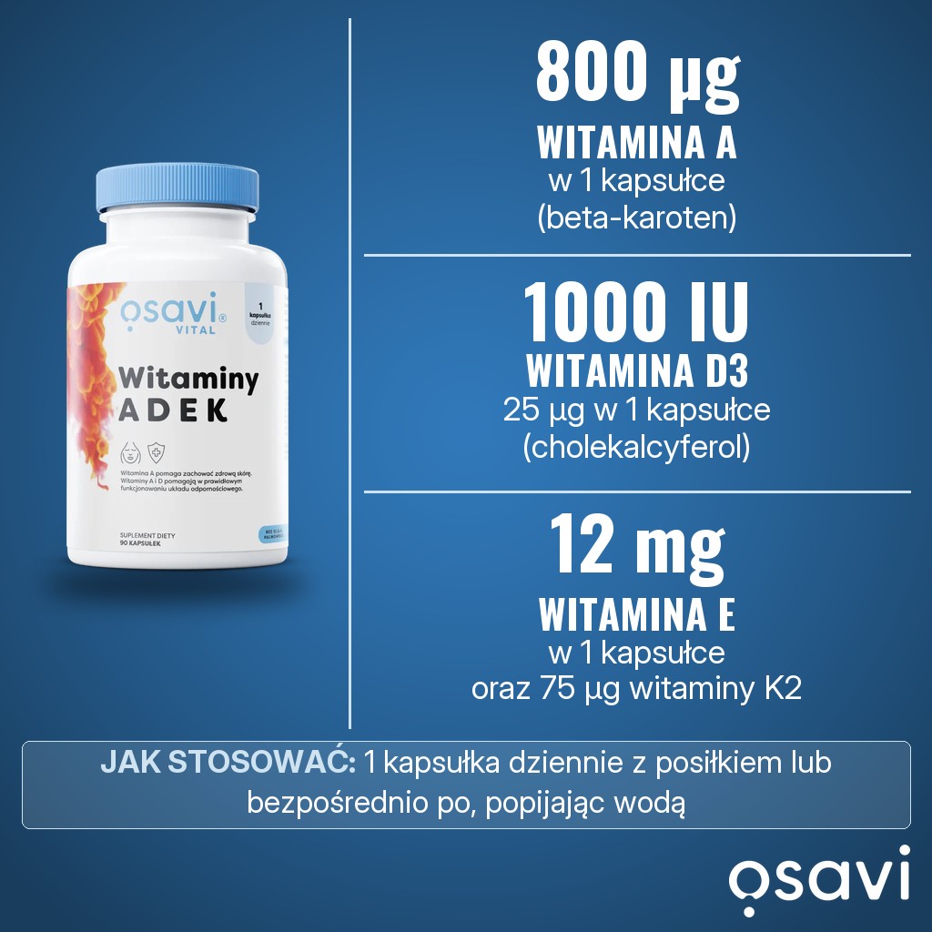 Osavi Witaminy ADEK: 800 µg witaminy A, 1000 IU (25 µg) witaminy D3, 12 mg witaminy E i 75 µg witaminy K2 w 1 kapsułce