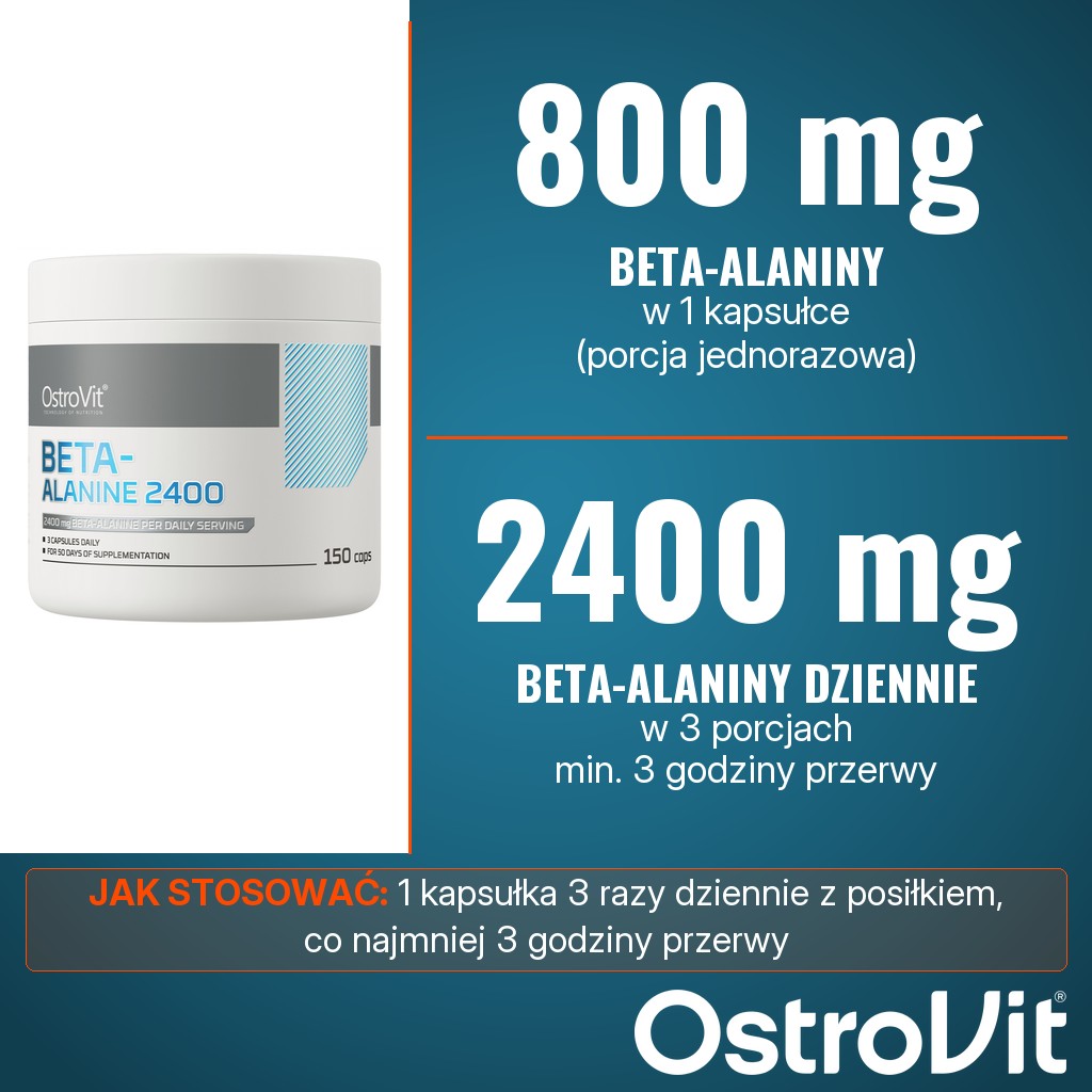 OstroVit Beta Alanine 800: 800 mg beta-alaniny w 1 kapsułce, 2400 mg w 3 porcjach dziennie