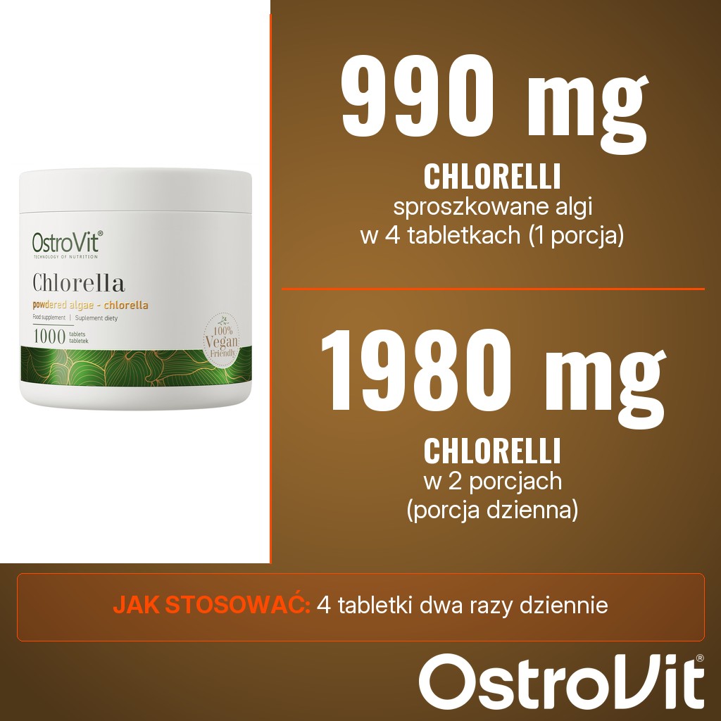 OstroVit Chlorella VEGE tabletki: 990 mg sproszkowanej chlorelli w 4 tabletkach, 1980 mg w 2 porcjach dziennie