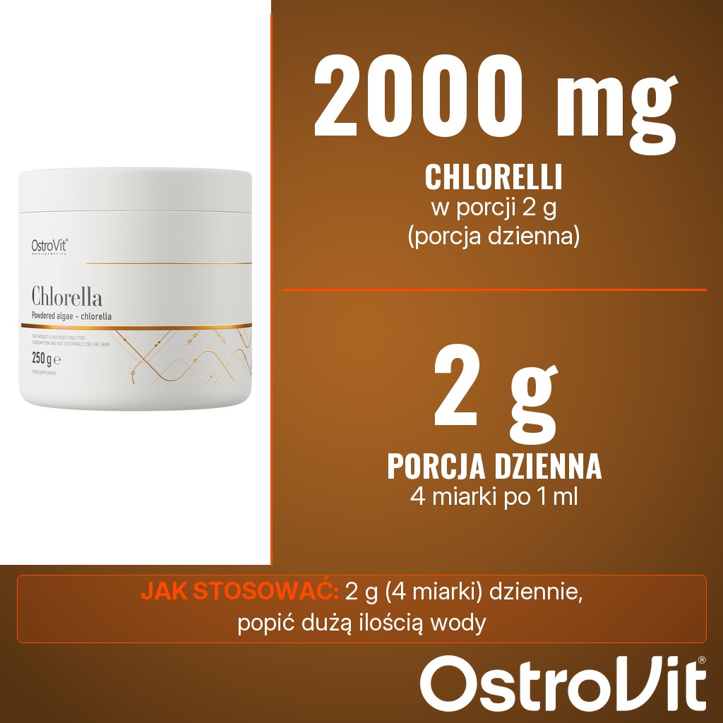 OstroVit Chlorella VEGE: 2000 mg sproszkowanych alg chlorelli w porcji 2 g (4 miarki) dziennie