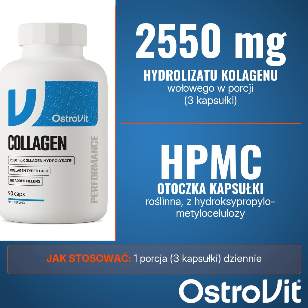 OstroVit Collagen kapsułki: 2550 mg hydrolizatu kolagenu wołowego w porcji 3 kapsułek, roślinna otoczka HPMC