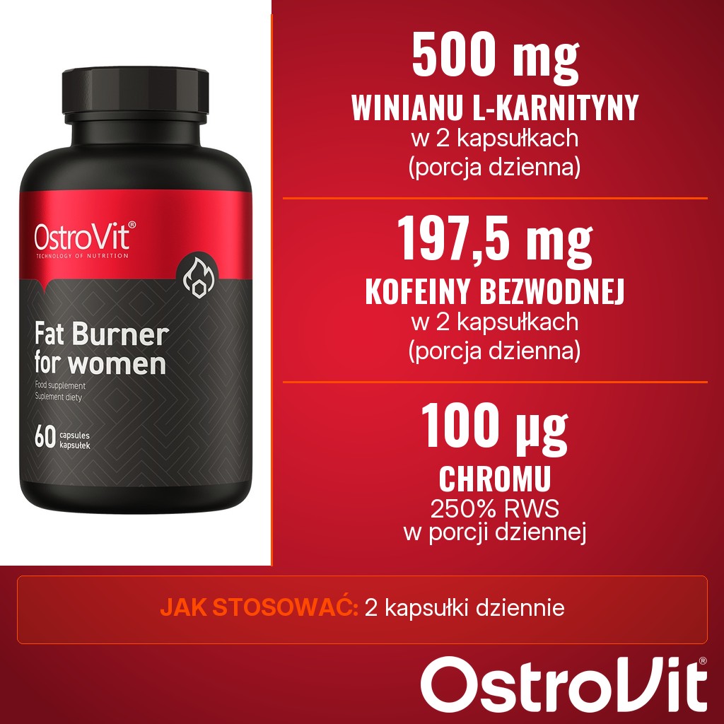 OstroVit Fat Burner For Women: 500 mg winianu L-karnityny, 197,5 mg kofeiny bezwodnej i 100 µg chromu w 2 kapsułkach dziennie