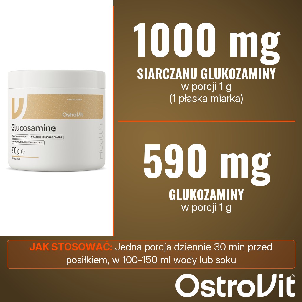 OstroVit Glucosamine: 1000 mg siarczanu D-glukozaminy 2KCL, w tym 590 mg glukozaminy, w porcji 1 g