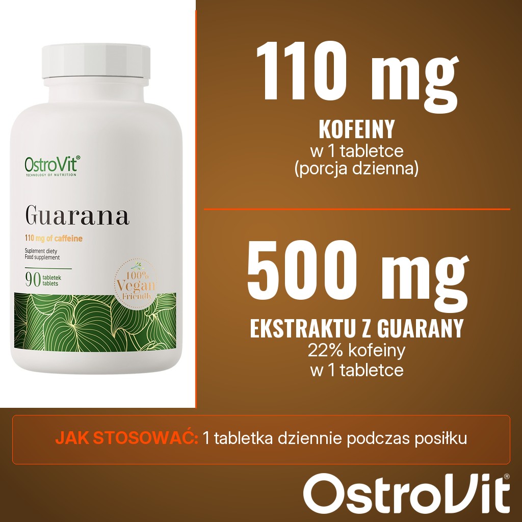 OstroVit Guarana: 500 mg ekstraktu z nasion guarany, w tym 110 mg kofeiny, w 1 tabletce dziennie
