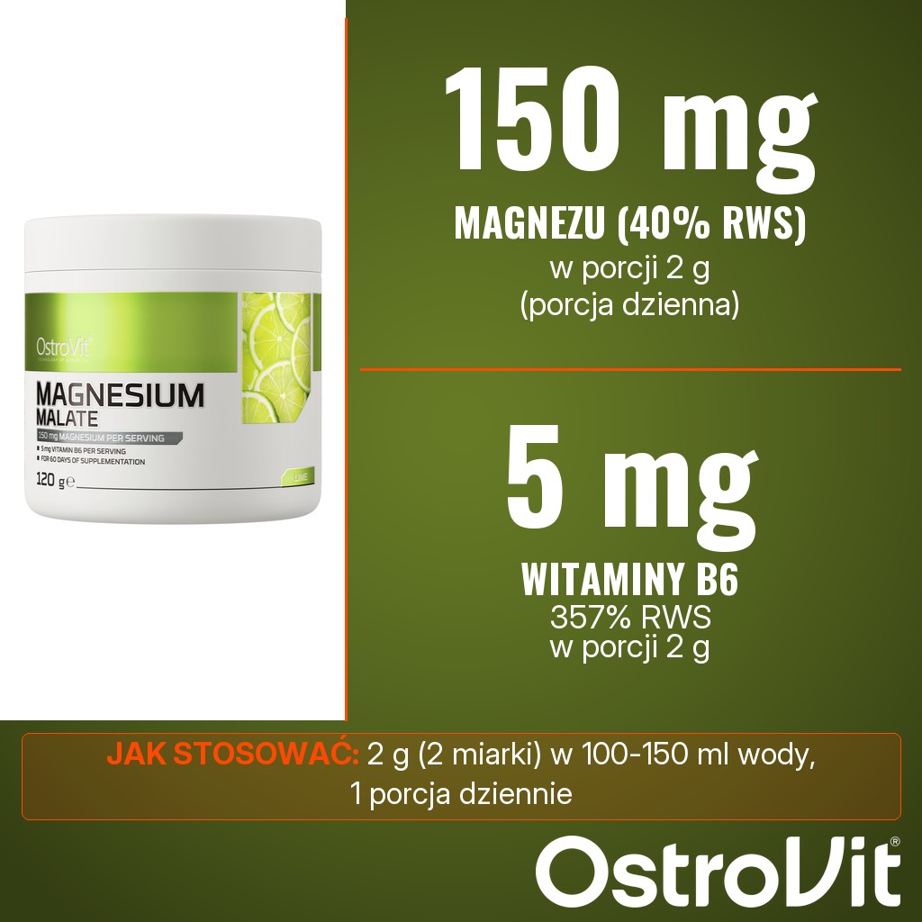 OstroVit Jabłczan Magnezu o smaku limonkowym: 150 mg magnezu (40% RWS) i 5 mg witaminy B6 (357% RWS) w porcji 2 g (2 miarki) dziennie